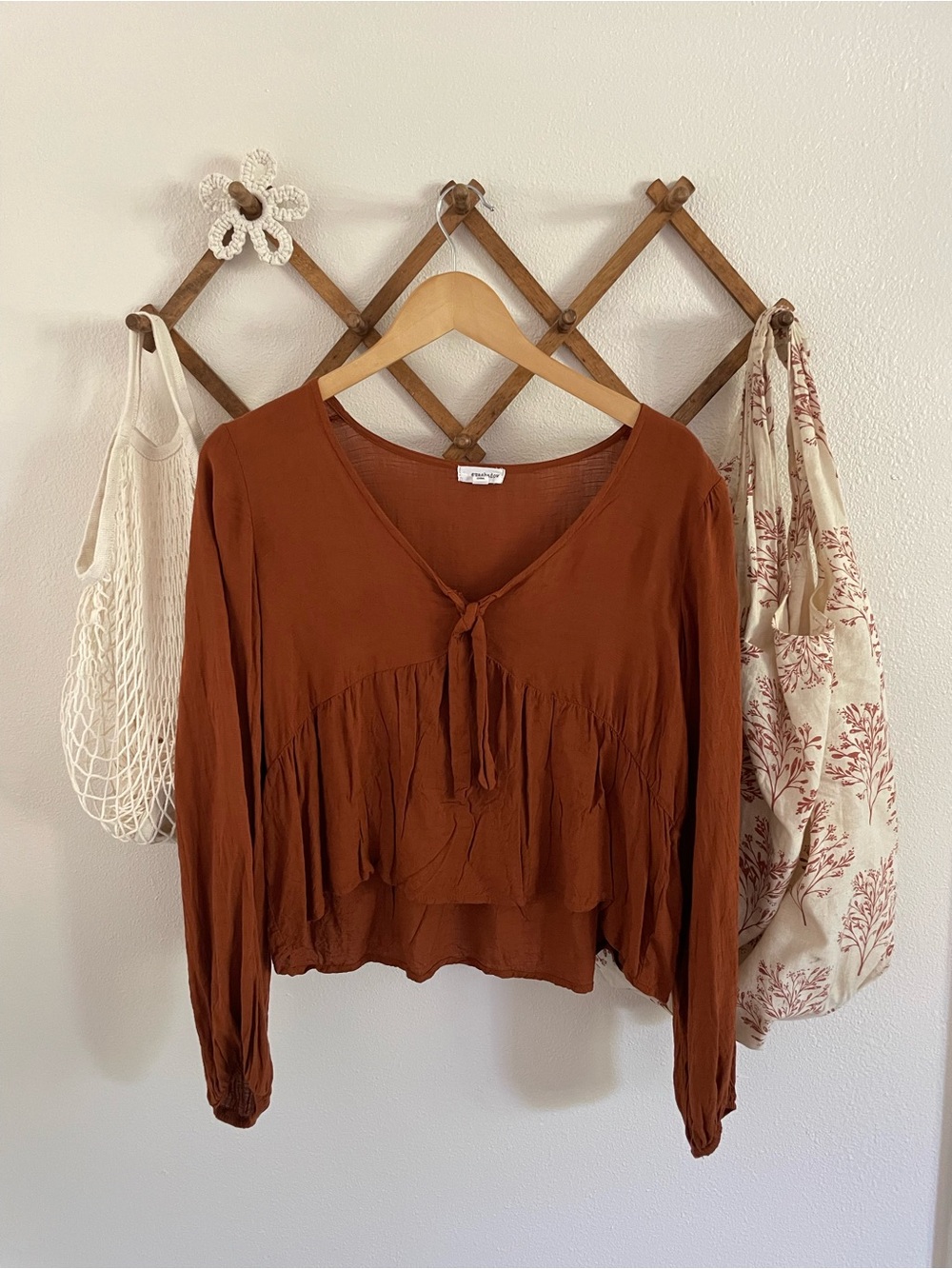 Rust Tie-Front Peasant Blouse